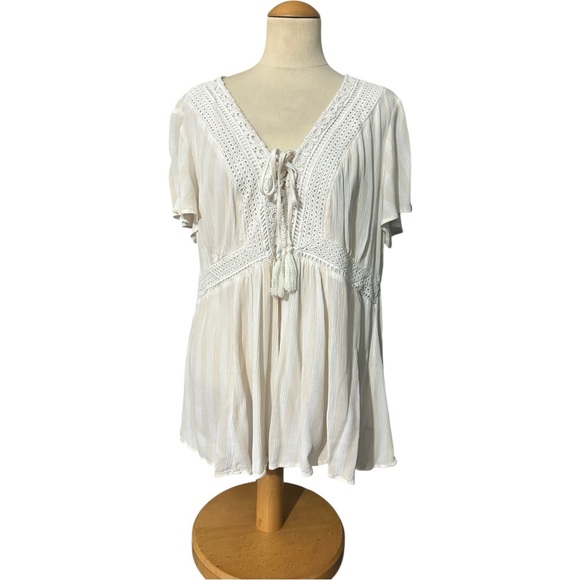 torrid Tops - Torrid Striped Crochet Lace Up Peplum Blouse Top Tan White Size 00